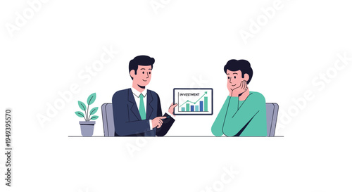 Two men are discussing investment opportunities in a modern office setting depicted in a flat illustration style silhouette high quality professional