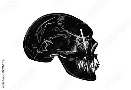 Skull icon hand draw, black and white illustration