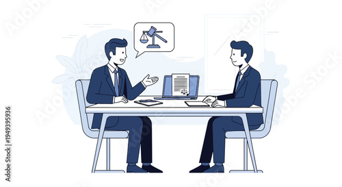 Two business professionals discuss legal matters and paperwork at a table featuring a distinct silhouette high quality professional detailed modern elegant