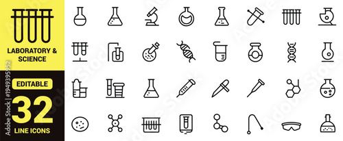 Laboratory and science icon set with chemistry tools, research equipment, biology elements, safety symbols, and high‑ranking scientific illustration components in clean modern line‑art vector style