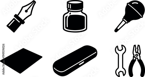 Black silhouette fountain pen nib ink bottle rubber bulb air blower cleaning cloth case wrench and pliers vector icons