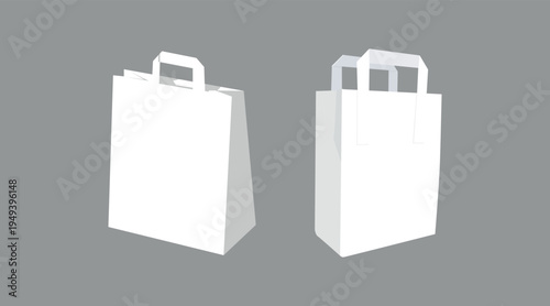 Color set of two white paper shopping bags with handles on gray background, retail and takeaway packaging concept, blank grocery bags for shopping, delivery and store purchase design.