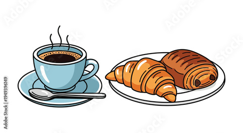 A charming illustration depicts a cup of coffee and croissants on a plate a delightful breakfast scene silhouette high quality professional