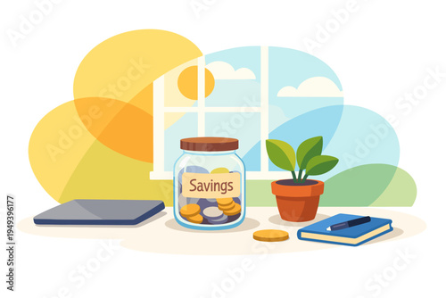Jar of coins labeled savings next to a plant and notebook.