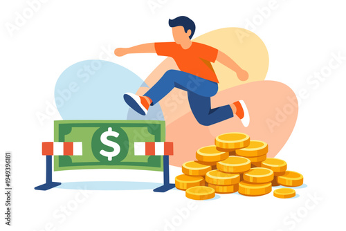 Man jumping over money hurdle towards gold coins illustration.