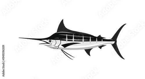 A striking black and white illustration depicts a marlin swimming showcasing a bold graphic silhouette high quality professional detailed modern elegant
