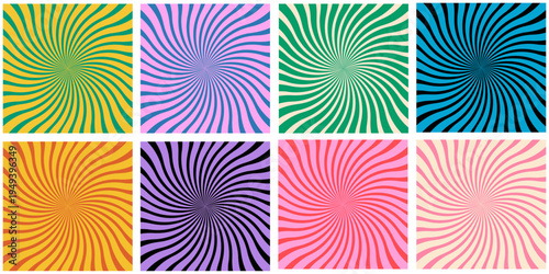 Set of 8 colorful abstract spiral radial ray backgrounds vector with swirling lines in various vibrant hues for graphic design projects.