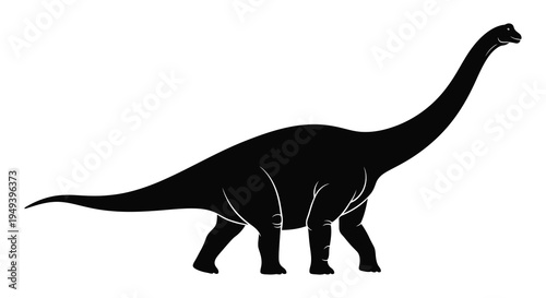 A striking black silhouette of a long necked brachiosaurus dinosaur stands prominently against a white background silhouette high quality professional detailed modern