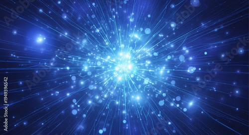 Abstract blue glowing light explosion with bokeh effect.