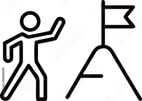 Stick figure reaching mountain peak with flag