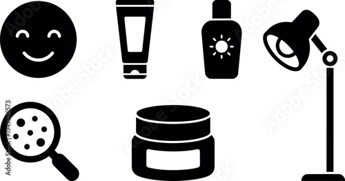 Set of black flat design icons including smiling face skincare magnifier lamp cream tube bottle sun symbol black style