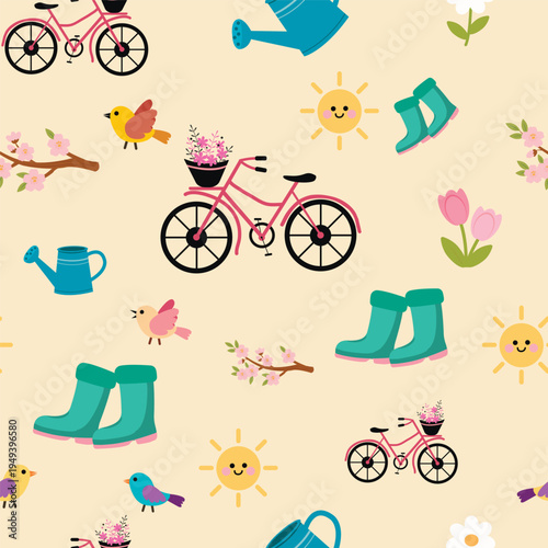 A seamless vector pattern with spring elements. On a light background, there are cute illustrations: a pink bicycle with a basket of flowers, garden rubber boots, a watering can, flowers
