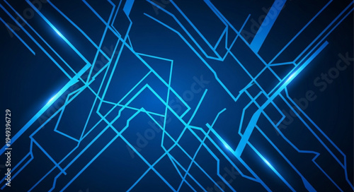 Abstract blue digital circuit board pattern with glowing lines.