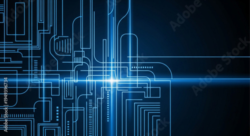 Abstract digital circuit board with glowing blue lines and connections.