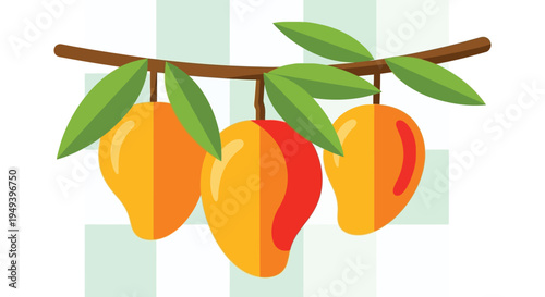 Stylized illustration of ripe mangoes hanging from a branch against a pale green background silhouette high quality professional detailed modern elegant