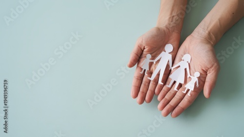 Hands holding paper cutout family on a soft background