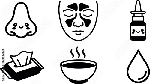 Cute facial care and wellness icons set with nose dropper tissue bowl and water droplet in simple minimal style