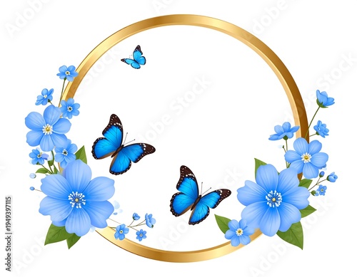 Gold circle frame adorned with blue flowers and butterflies on a white background