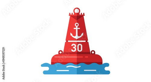 A vibrant flat design illustration depicts a red navigational buoy with a number 30 floating on blue waves silhouette high quality professional