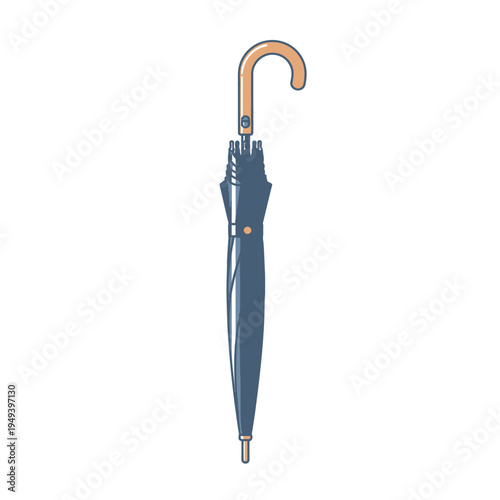 Blue Compact Umbrella with Wooden Handle.