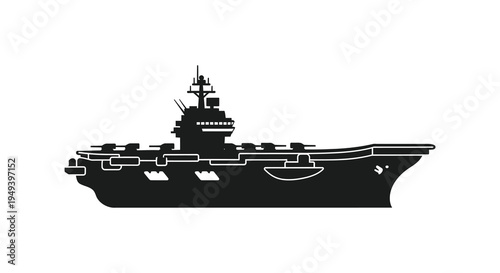 A stark black silhouette of a modern aircraft carrier dominates a white background showcasing naval power silhouette high quality professional detailed