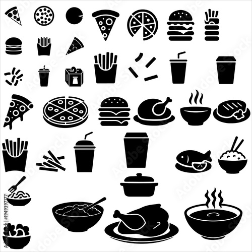 A seamless vector pattern and illustration set of food and drink icons featuring coffee mugs, tea cups, cafe breakfast signs, pizza, and cake symbols for restaurant kitchen design