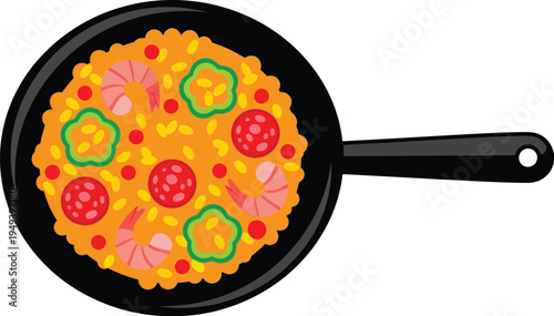 Spanish paella dish served in a frying pan with rice, shrimp, sausage, and green peppers ingredients. 