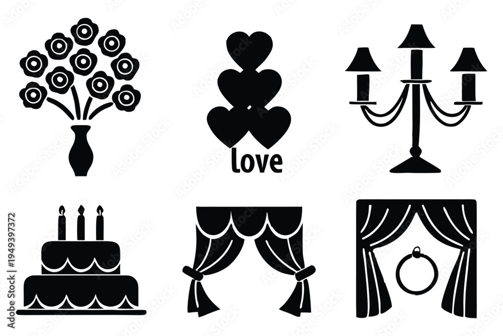 Naklejka premium Black and white set with flowers vase love hearts chandelier cake and curtains