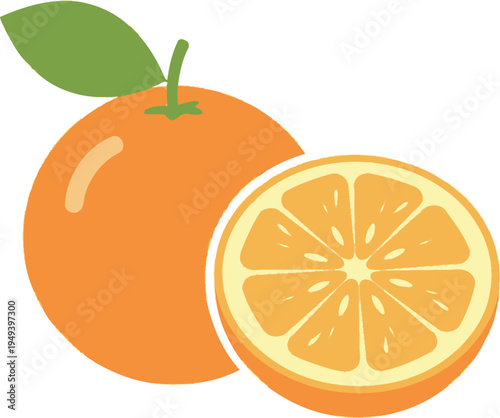 Kumquat citrus fruits, with a whole fruit with a leaf and a halved fruit. 