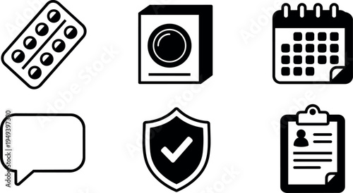 Black and white medication blister pack calendar clipboard speech bubble checklist and shield icons set