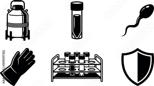 Black and white vector icons set of laboratory test tube rack sample container glove sperm cell shield safety protection symbols