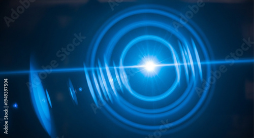 Bright blue light flare with concentric circles and lens flare effect.