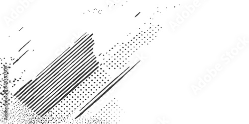 Abstract dynamic composition featuring a series of meticulously crafted diagonal lines and intricate geometric dot patterns. The monochrome aesthetic creates an aura of minimalistic complexity.