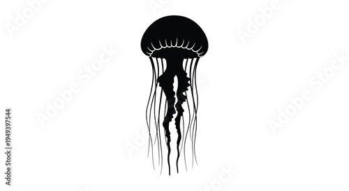 A striking black silhouette of a jellyfish gracefully floating showcasing its delicate form and trailing tentacles silhouette high quality professional detailed