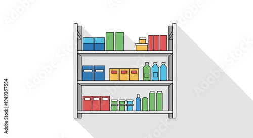 Colorful Bottles and Boxes on Shelves.