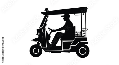 A black silhouette depicts a person driving a golf cart presenting a striking visual contrast silhouette high quality professional detailed modern
