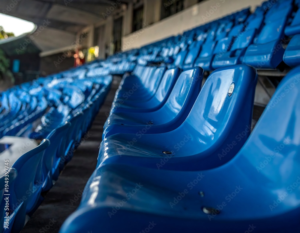 Fototapeta premium Empty stadium bleachers, rows of blue seats