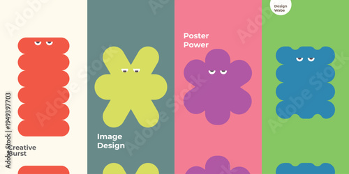 Colorful cartoon characters on creative design background with smiling faces