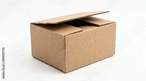 Partially open corrugated cardboard shipping box on a clean white background, ready for packing or unpacking, symbolizing delivery, storage, or new beginnings