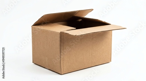 Empty and open brown corrugated cardboard box with top flaps extended, ready for packaging, shipping, or storage, isolated on a clean white background