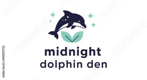 Midnight dolphin jumping over green leaf logo in dark blue and teal colors for business branding