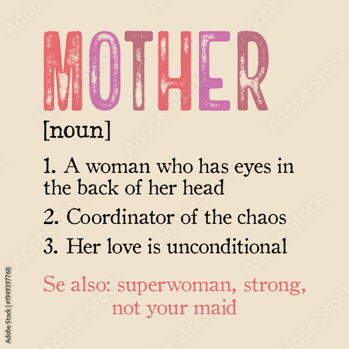 Mother definition with heart graphics and motherly traits list with unconditional love