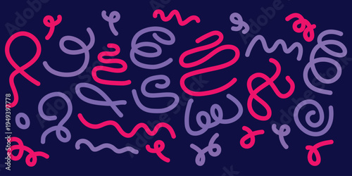Vibrant purple and pink squiggly lines on dark blue background