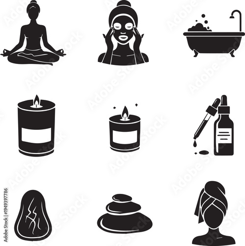 Spa and wellness icons featuring various relaxation and self care symbols