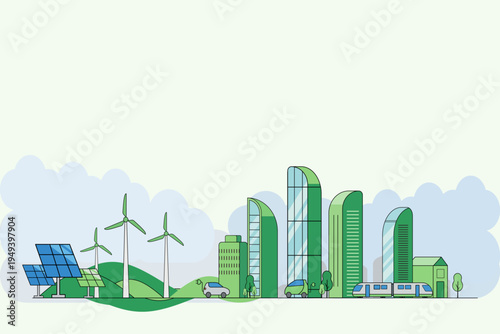 Green Smart City with Renewable Energy and Sustainable Transportation Vector Illustration
