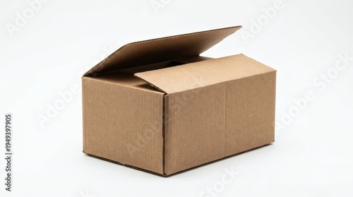 A simple brown cardboard box, partially open, sitting on a plain white background, perfect for packaging and shipping needs