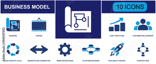 Business model icon set. Containing canvas, strategy map, cost structure, customer relationship, growth chart, marketplace connection, monetization gear, platform network, scalability rocket and more.