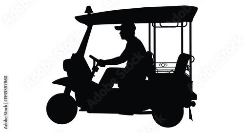 A black silhouette depicts a person driving a golf cart showcasing a classic recreational scene silhouette high quality professional detailed modern