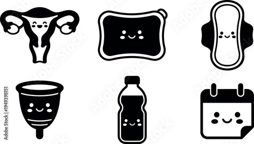 Cute smiling feminine hygiene icons including uterus menstrual cup sanitary pad bottle and calendar vector art illustration