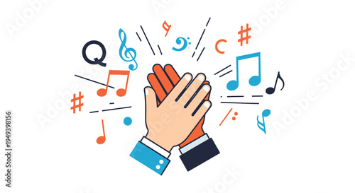 A vibrant composition of clapping hands surrounded by musical notes and symbols presented in a playful silhouette high quality professional detailed